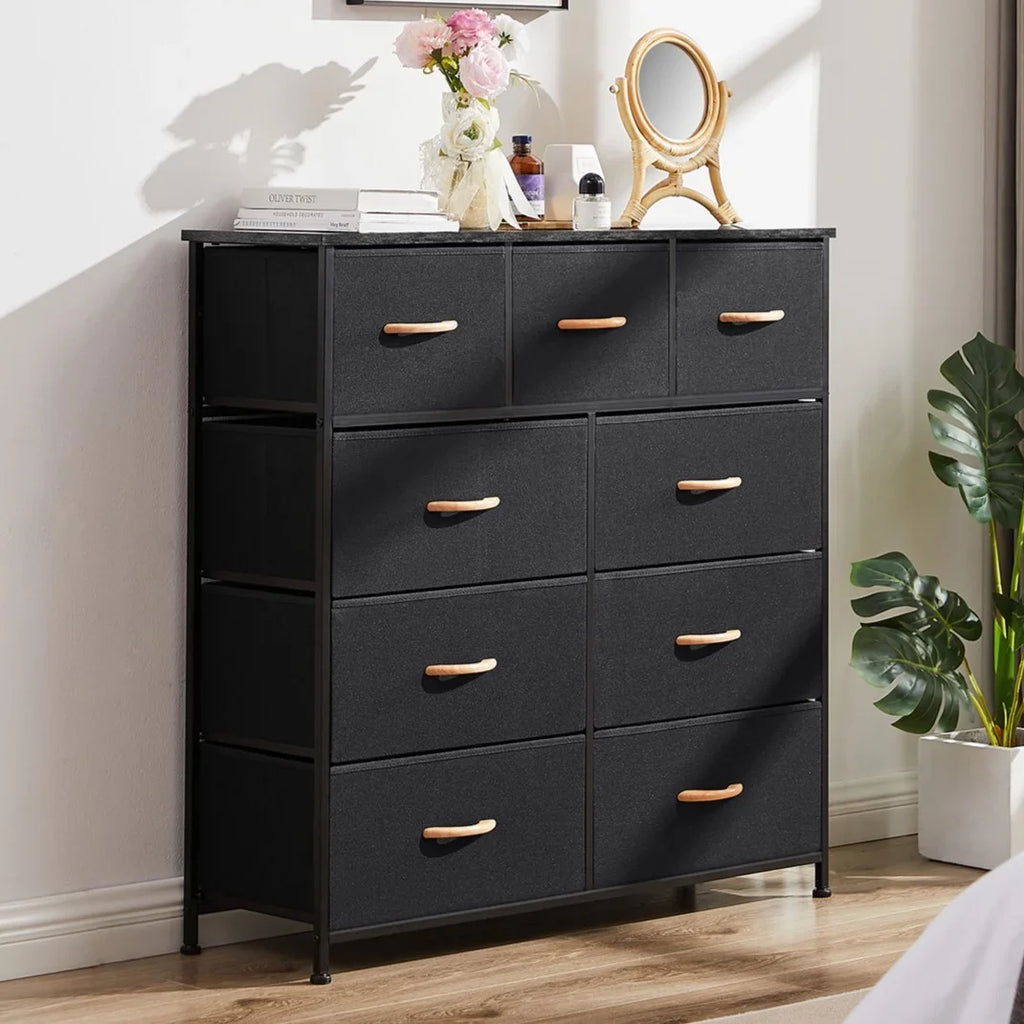 Sturdy Fabric Steel Dresser, Top, Easy-to-Pull Hallway, Wooden Bins(Black Bigroof Organizer Storage Living Room, Cabinet, for Furniture Frame, 9-Drawer Tower Grey) Bedroom, Fabric Closet,