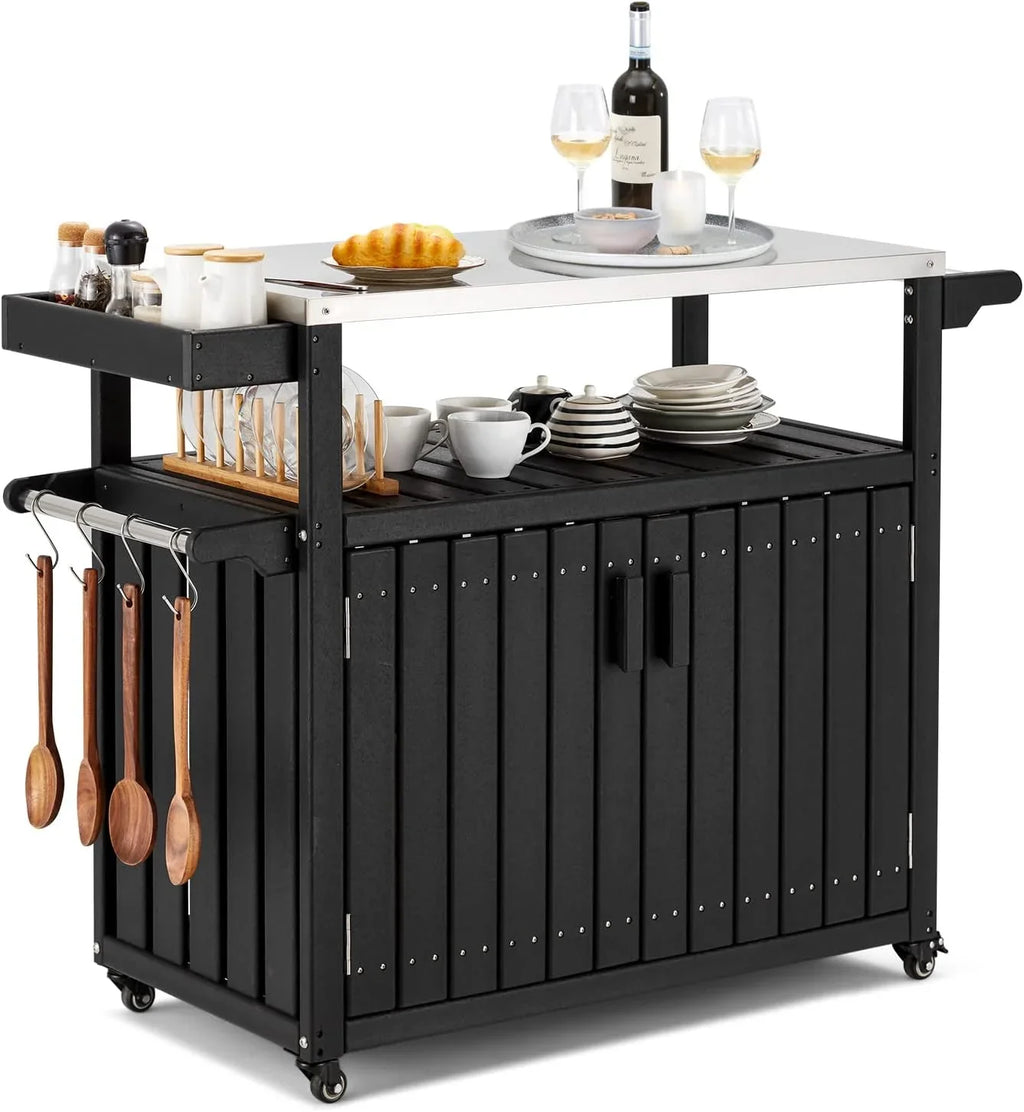 Rack, Top Spice Rolling Kitchen Cabinet, Storage With Island HDPE Black Island Table Towel Stainless Hooks, With Kitchen And Rack, Cart, Steel
