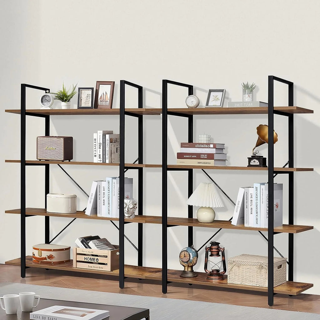 Rustic Open for 4-Tier Bedroom, Frame, Book Bookshelf, with Home Shelves Living Tall Office, Brown Display Shelf, Bookcase Metal Room, DIQIN