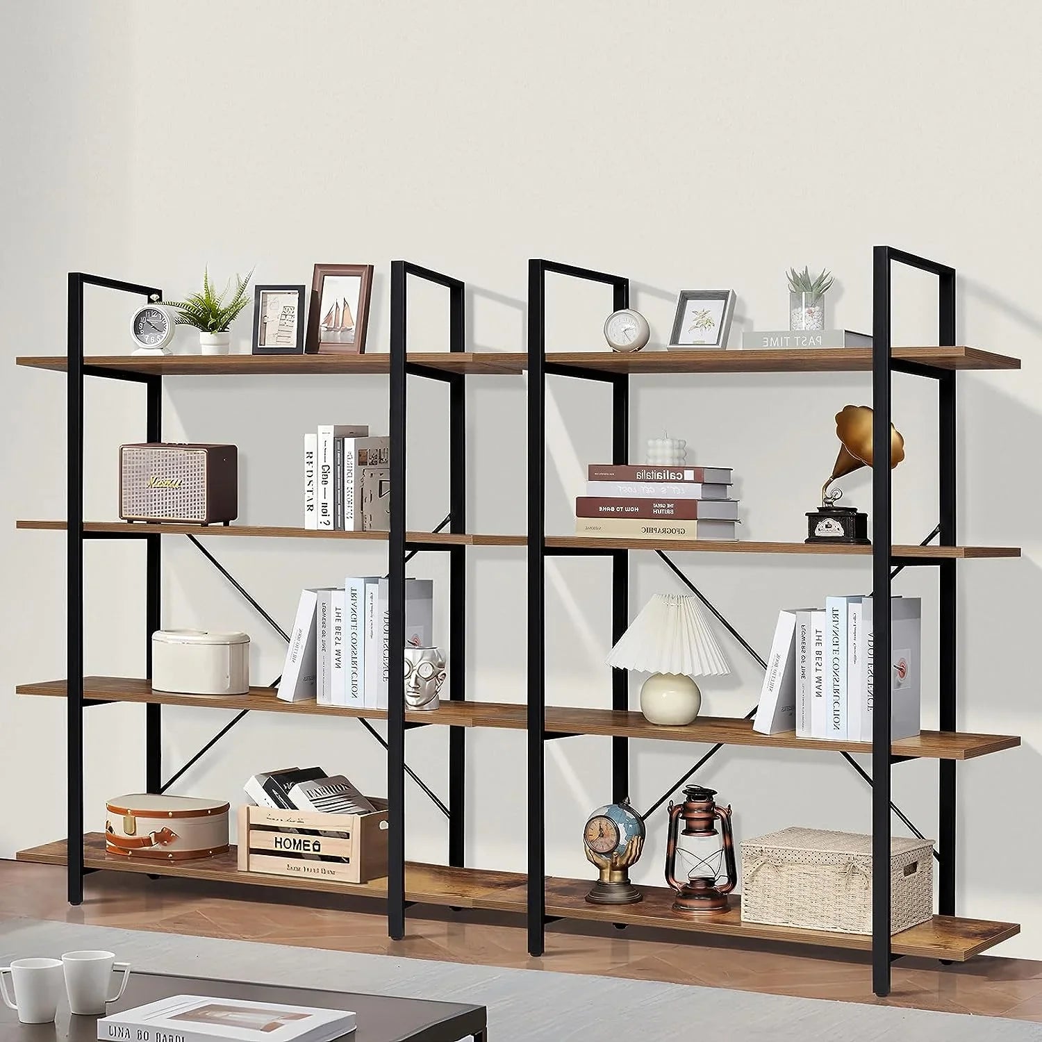 Rustic Open for 4-Tier Bedroom, Frame, Book Bookshelf, with Home Shelves Living Tall Office, Brown Display Shelf, Bookcase Metal Room, DIQIN