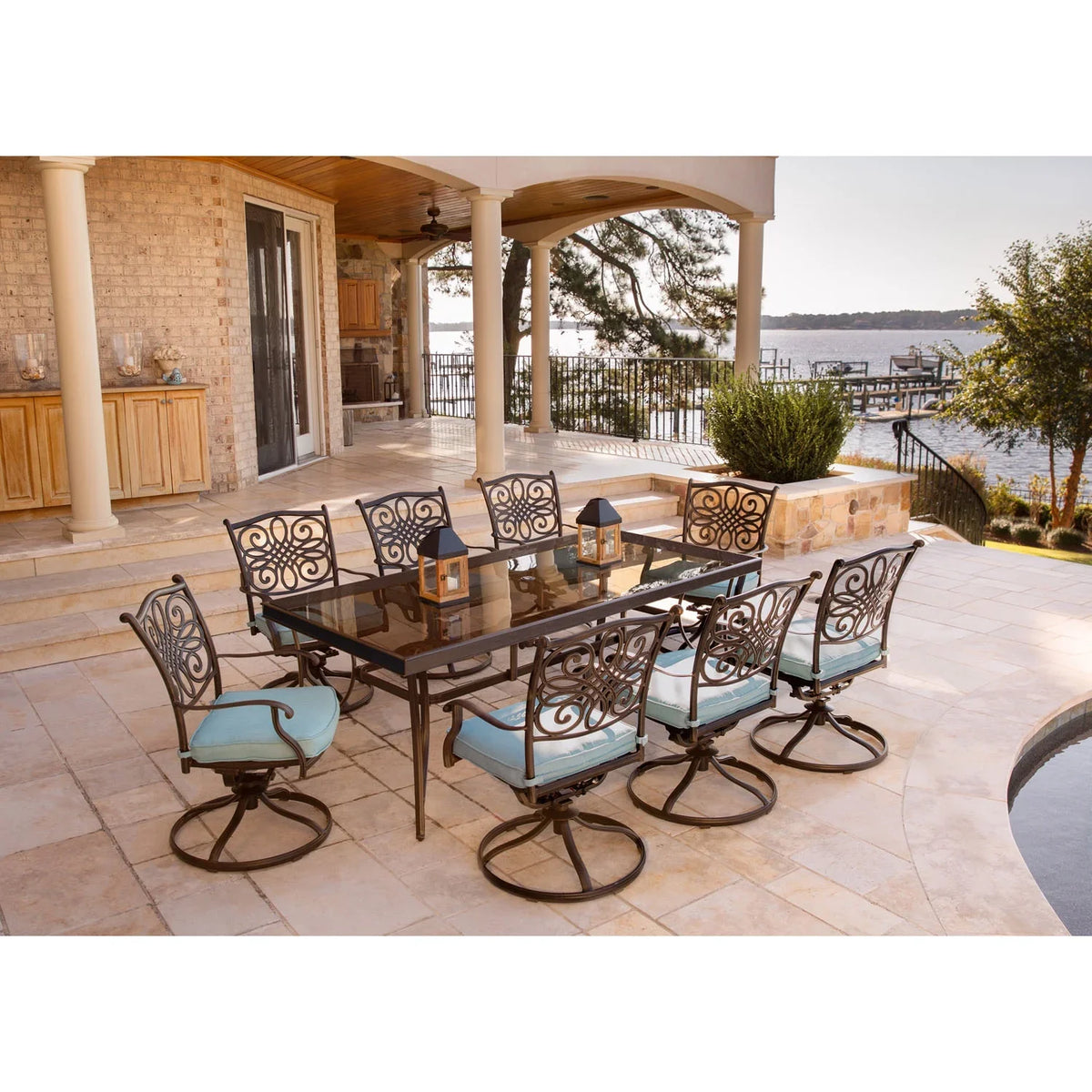 9-Piece in Blue Extra Dining Set Large with Seasons Dining Table Glass-Top Cambridge