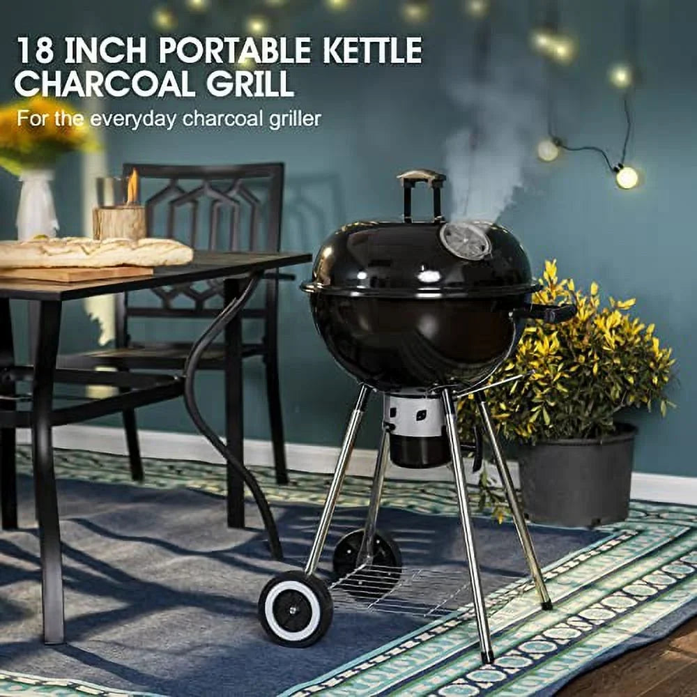 Lid and BBQ 18-inch Camping, Ash Black Catcher for Sophia Porcelain-Enameled Picnic exterior Grate, Kettle Chromeplated Grill Charcoal & Patio William with BBQ Bowl,