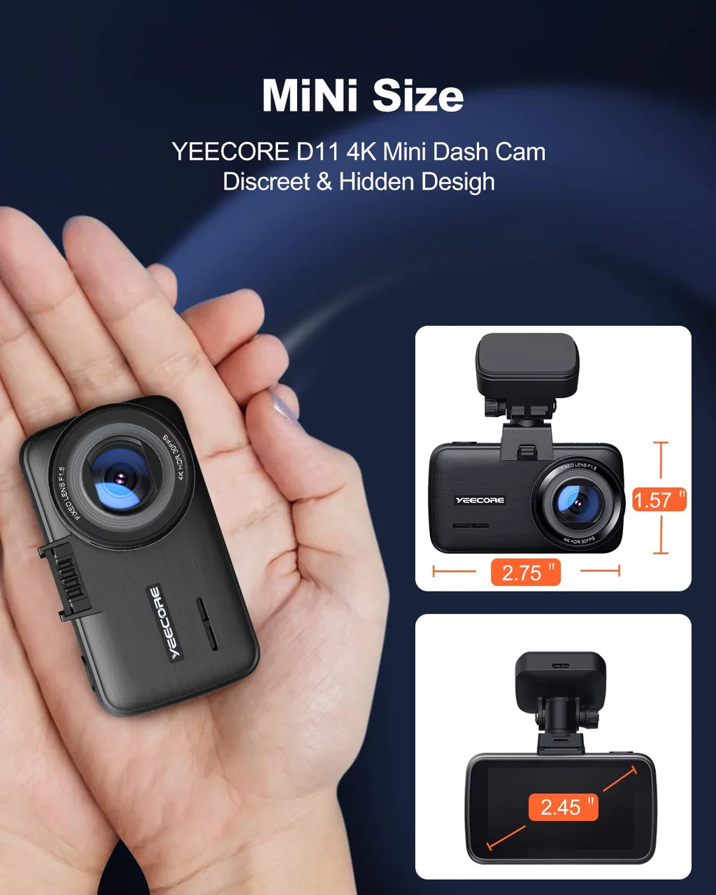 4K Screen YEECORE UHD Dash Super Max Camera WiFi Monitor, 2160P with Support Cars Dash Night Inch, GPS, 2.45 Camera Cam, for Mini Loop HDR, Parking Vision, Touch 256GB G-Sensor, Car Front, Recording,
