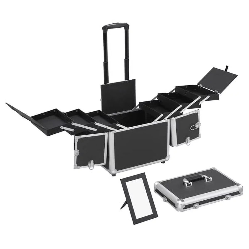 Alden Case Trolley Makeup Rolling Retractable Black Mirror, Wheels, with Design Trays, &