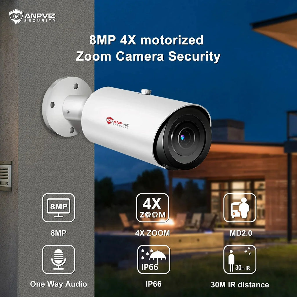 Zoom Human in Vehicle Detection 30M IP66 Camera IR H.265 4X 8MP ANPVIZ Support Distance Camera Built Mic Bullet