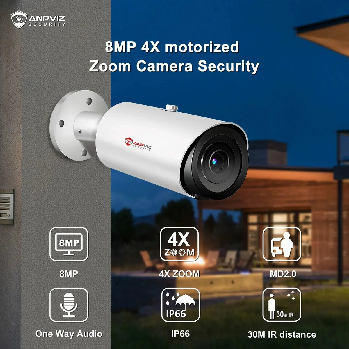 Zoom Human in Vehicle Detection 30M IP66 Camera IR H.265 4X 8MP ANPVIZ Support Distance Camera Built Mic Bullet