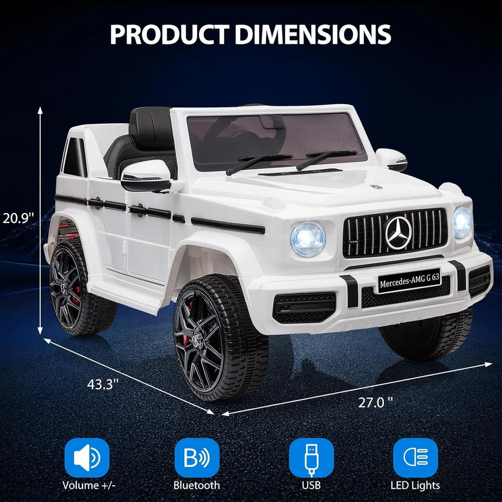 Control, Kids Horn, LED Music, Lock Car, Benz Electric Licensed Electric Battery Car on Spring Vehicle, 12V Mercedes w/Remote Powered Bluetooth, Suspension, AUX, Safety G63 Light, Ride White