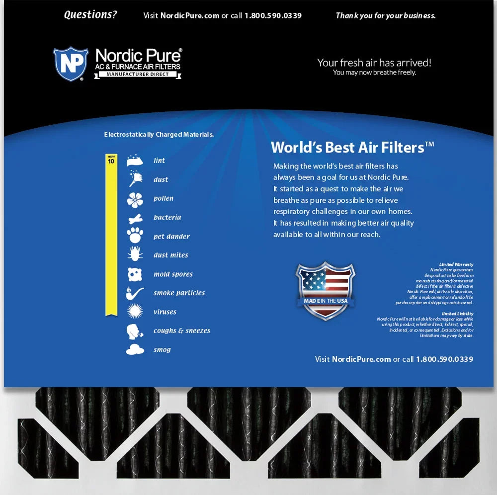 Pack 12 Carbon MERV Pleated 20x20x2 Plus Nordic Pure 10 Filters Pleated Air