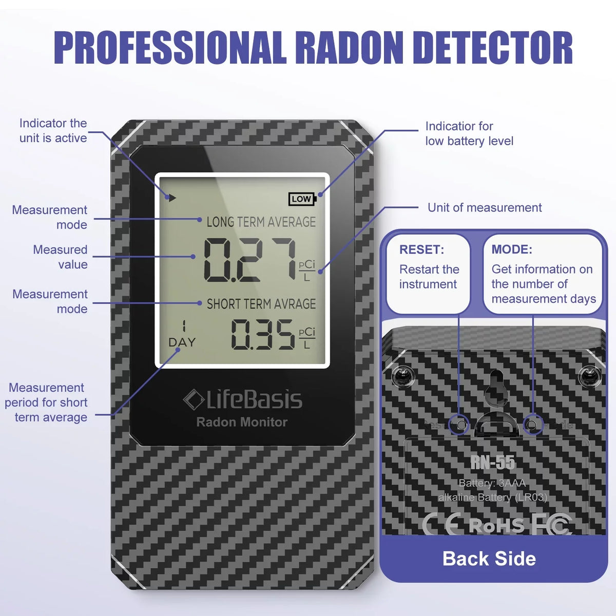 Operated Basis Detector Home Life Digital Radon Detector Portable Battery Radon