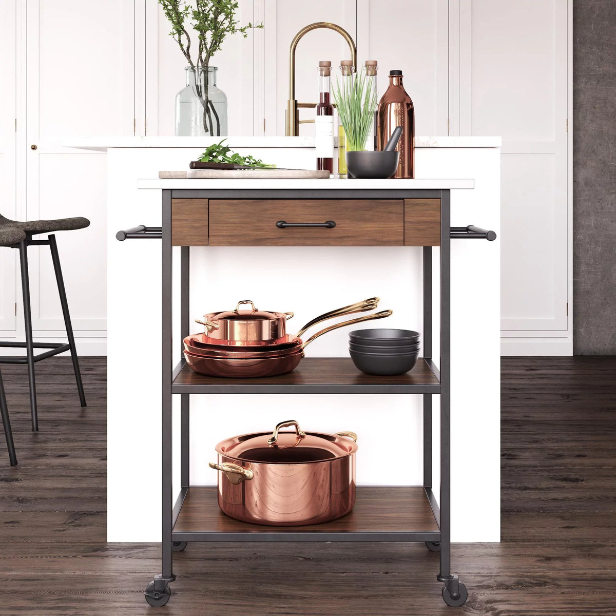 Top, Storage, Kitchen Steel Brown DHP Stainless Kane Frame, Pantry Black Counter Cart, Metal
