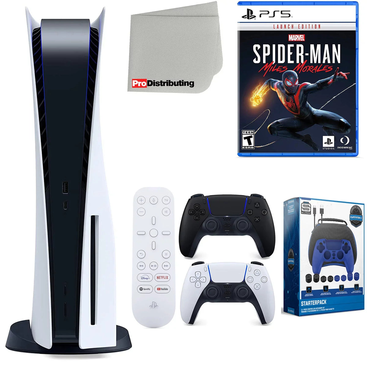 5 ( Black Cleaning Remote, Morales Spider-Man: Bundle Disc Accessory Starter Playstation Media and PS5 Edition, Microfiber Midnight Kit Disc) Extra with Cloth Miles Controller, Version Launch
