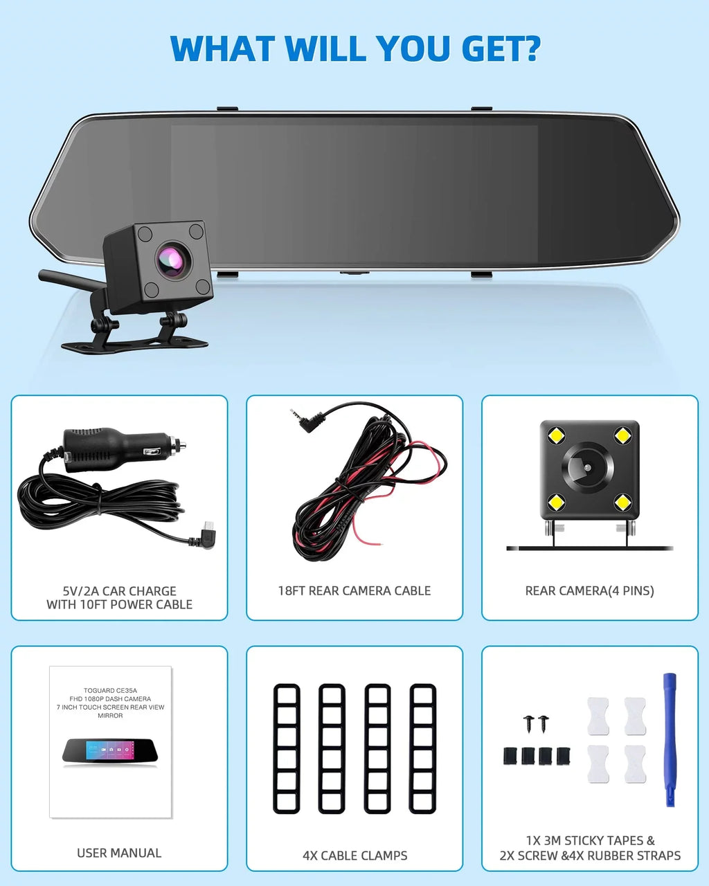 Rear Waterproof Motion Parking Mirror Car Front TOGUARD Camera Dual 7" Camera 1080P with Touchscreen Camera Detection Assistance View Dash Rear FHD Backup Cam Mirror and