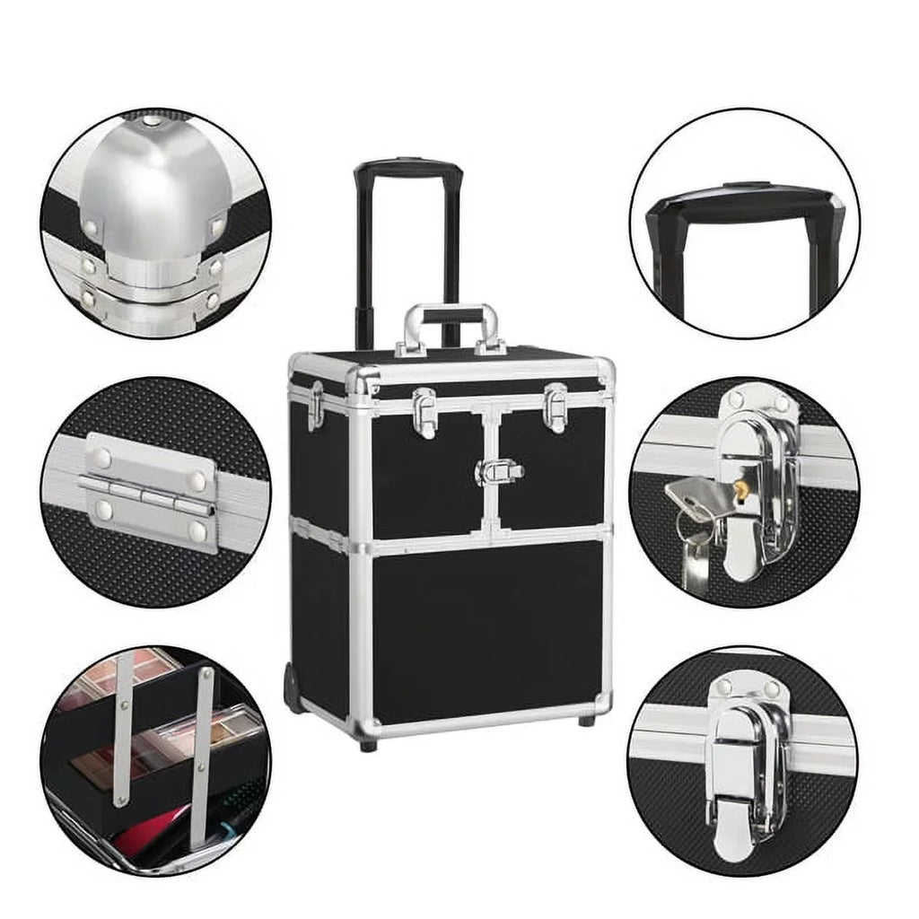 Alden Case Trolley Makeup Rolling Retractable Black Mirror, Wheels, with Design Trays, &