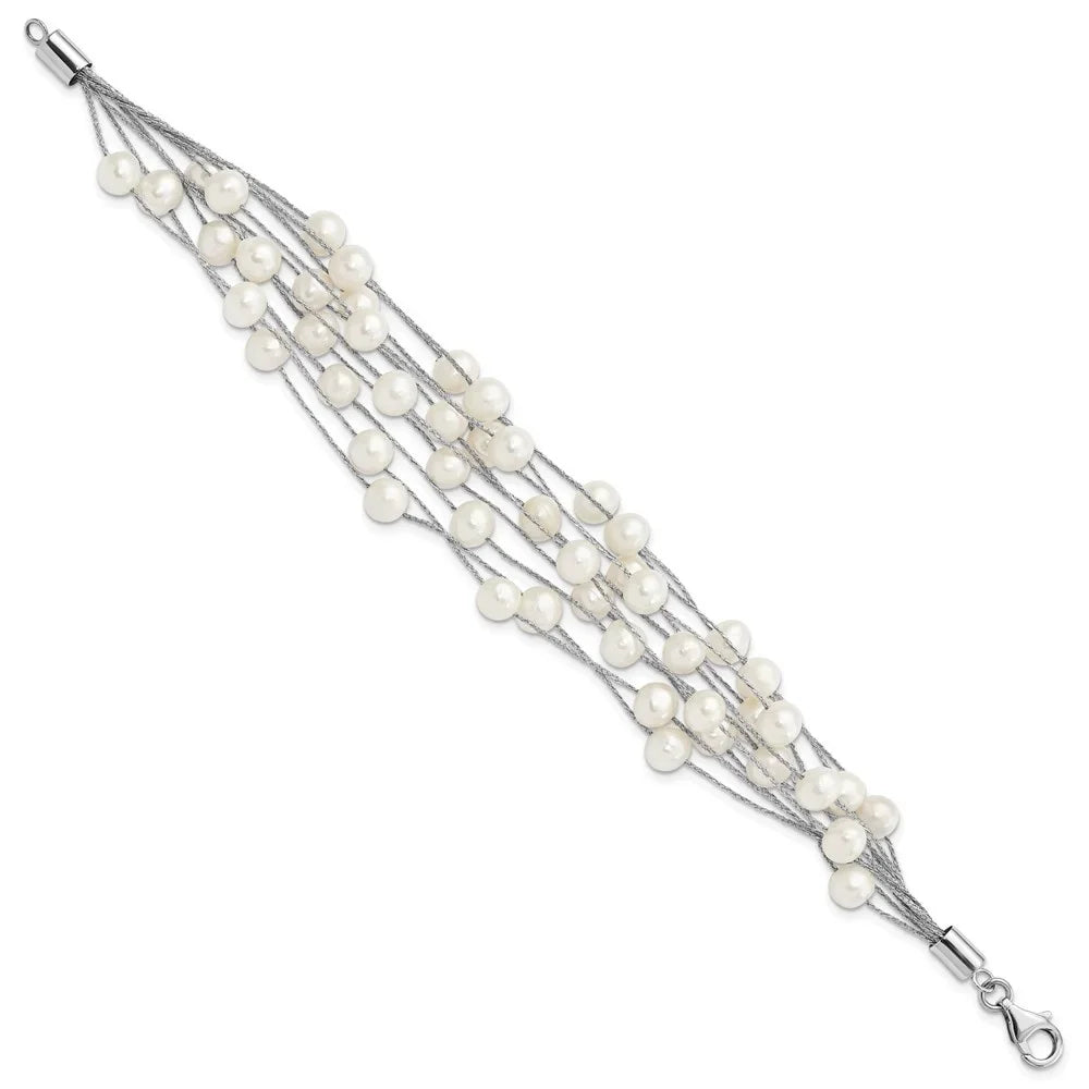 Women Pearl Silver 10-rows 925 Bracelet 7.25inch Auriga for 7-8mm FWC Rhod-plat Sterling White