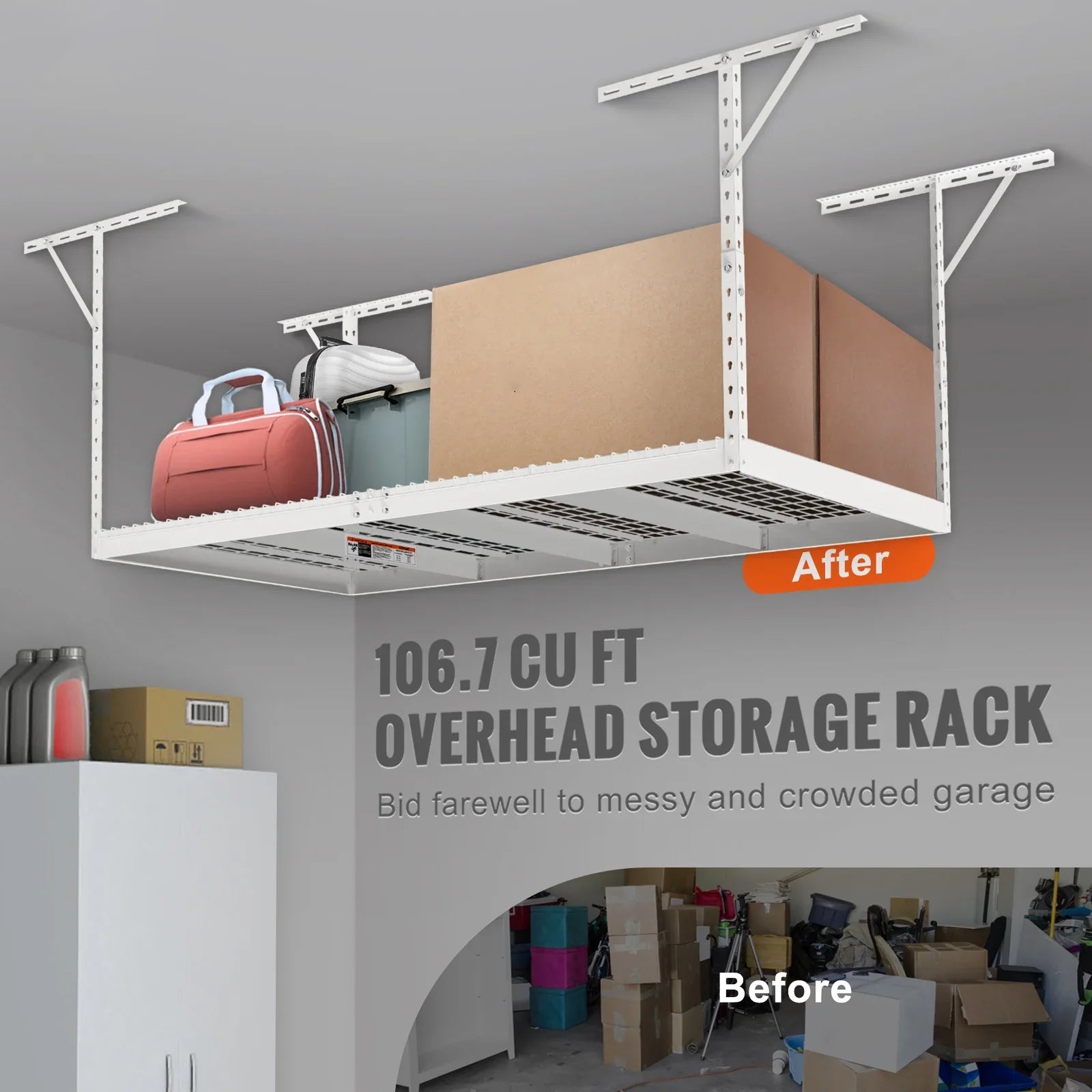 Storage 600 White 48x96" Rack Rack Ceiling lbs Overhead Adjustable Garage SKYSHALO