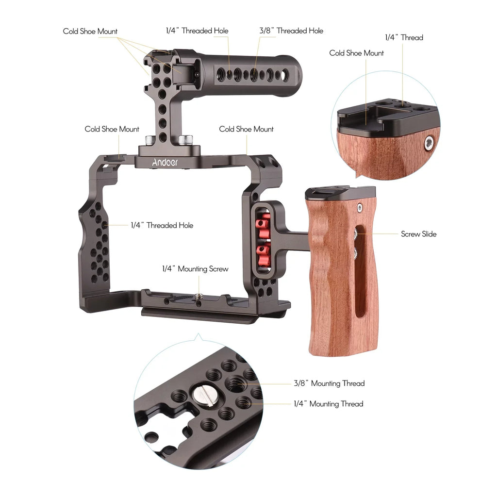 Camera II/ for Video III/ A7III Grip Cage Aluminum Kit Rig Replacement A7 with Wooden A7R Andoer Alloy Handle