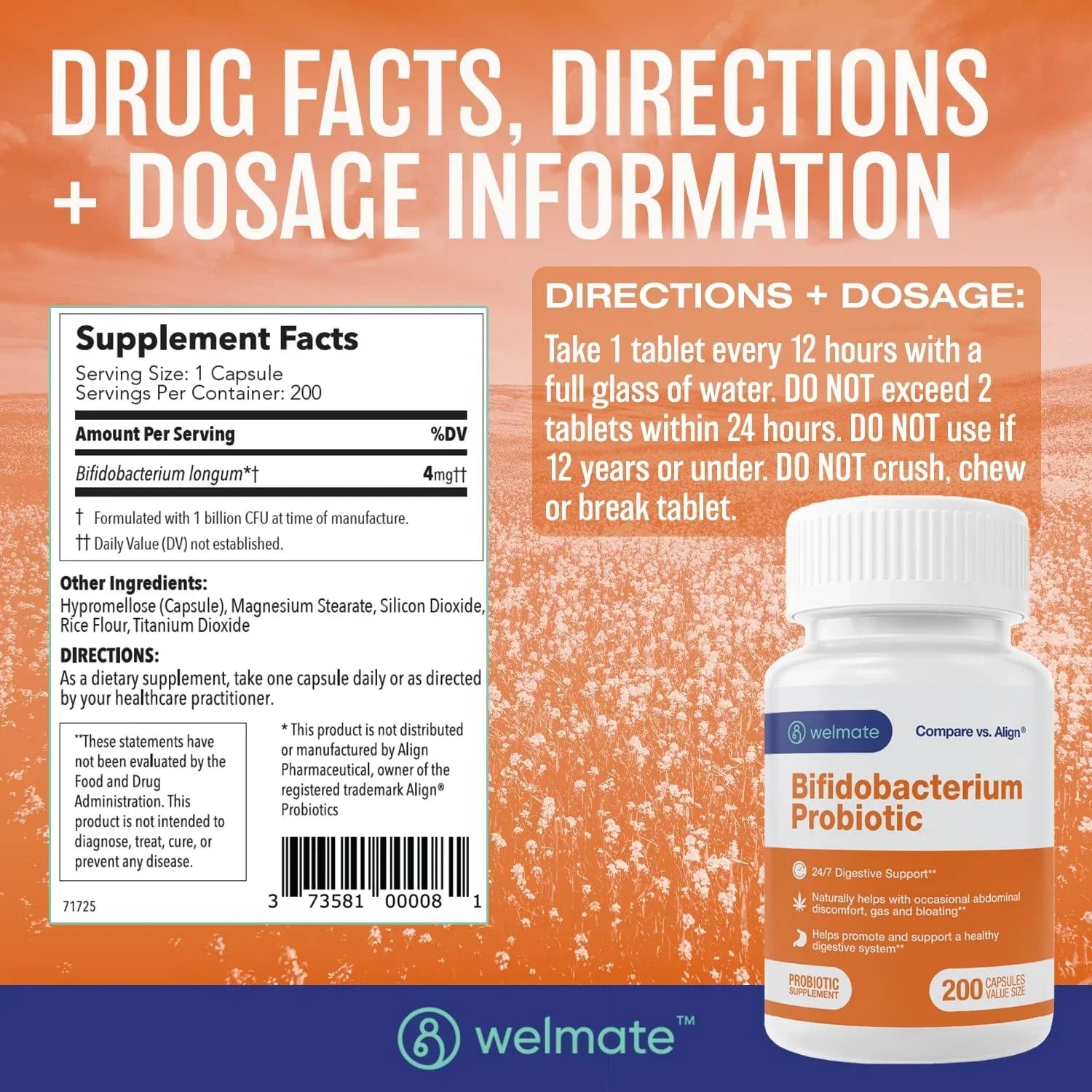 Probiotic Count 24/7 Support Digestive - - Welmate 200 Supplement Bifidobacterium Capsules
