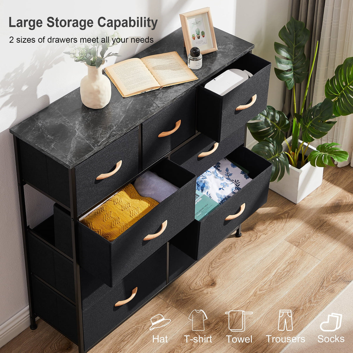 Sturdy Fabric Steel Dresser, Top, Easy-to-Pull Hallway, Wooden Bins(Black Bigroof Organizer Storage Living Room, Cabinet, for Furniture Frame, 9-Drawer Tower Grey) Bedroom, Fabric Closet,