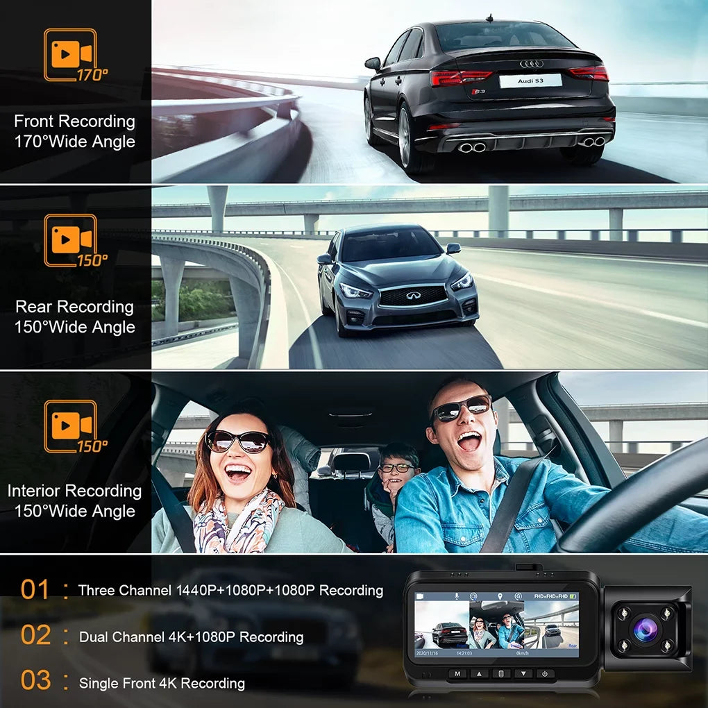 Recording, and Camera Channel Front 3 Inside Car G-sensor, Loop Cam Motion 4K GPS, Parking Monitor, Rear Vision, TOGUARD Night Rear IR Camera Front Detection with Dash Dash