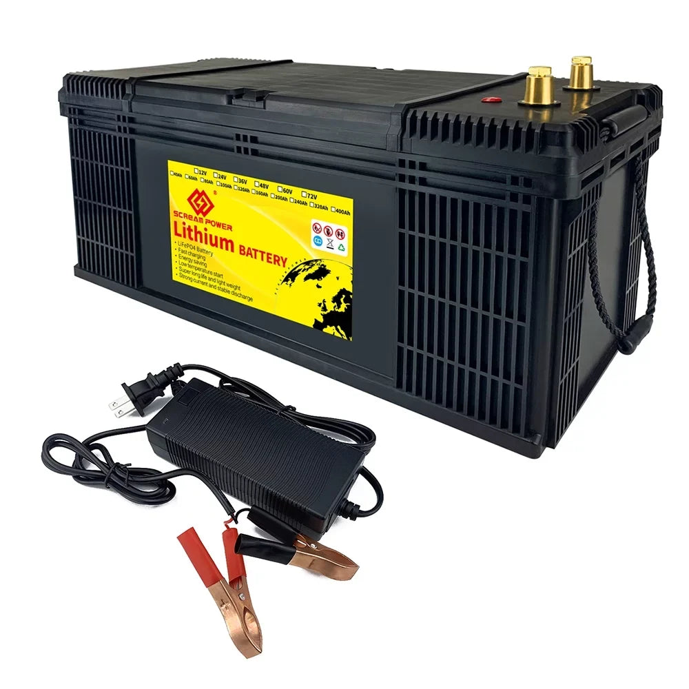 Rechargeable for Golf 100Ah, Cycle, Deep 100A RV, Camper, Trolling Battery Batteries SCREAMPOWER Off LiFePO4 Lithium Power, Perfect etc BMS, Marine, 36V Solar with Motor, Grid Cart,