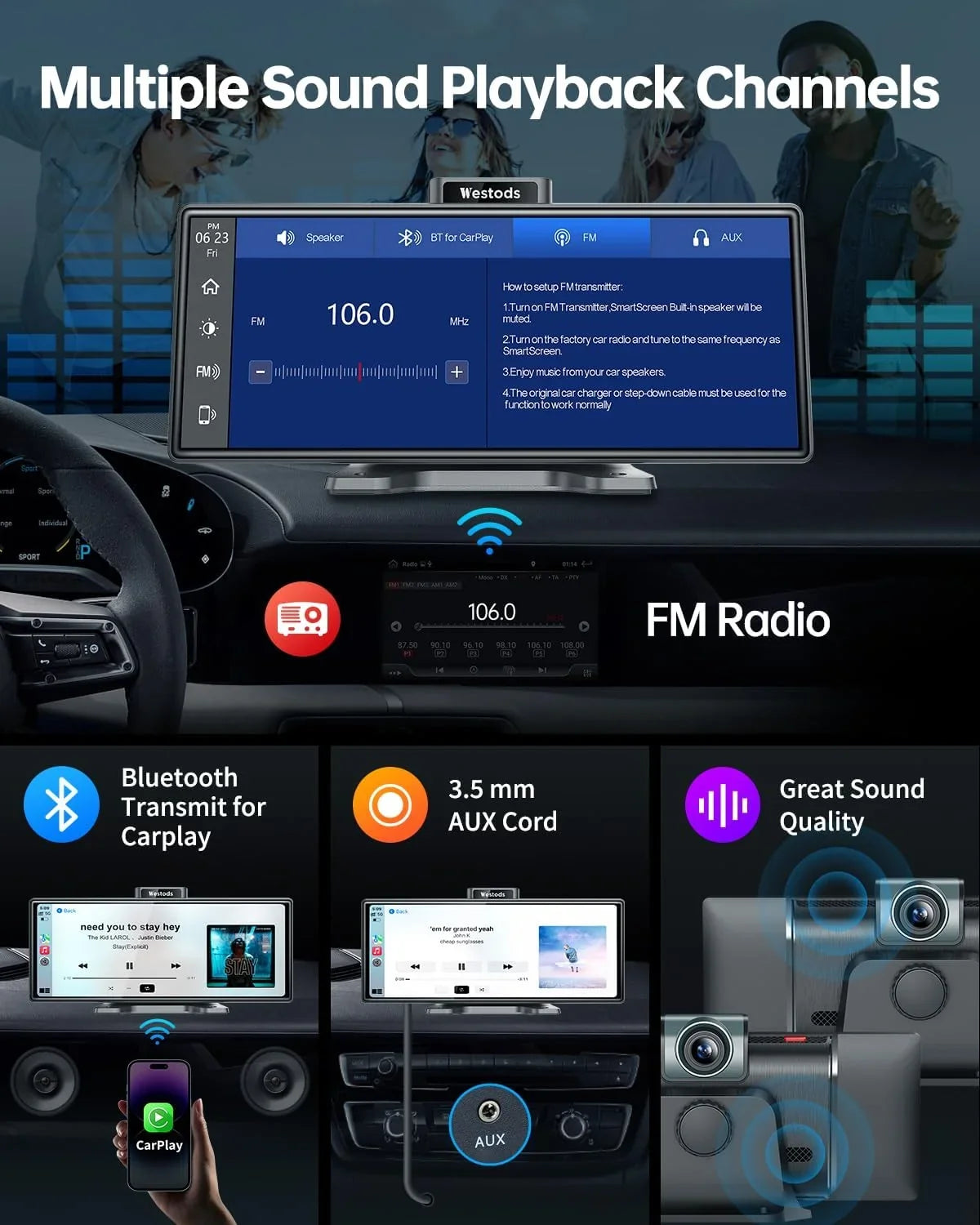 Carplay CAIHONG Detachable Screen with IPS Bluetooth, Touchscreen, Radio Camera, & Cam Auto 2.5K & Navigation, & Portable Car Mount, 10.26" HD Stereo, Wireless 1080P Backup Adjustable Android GPS Dash