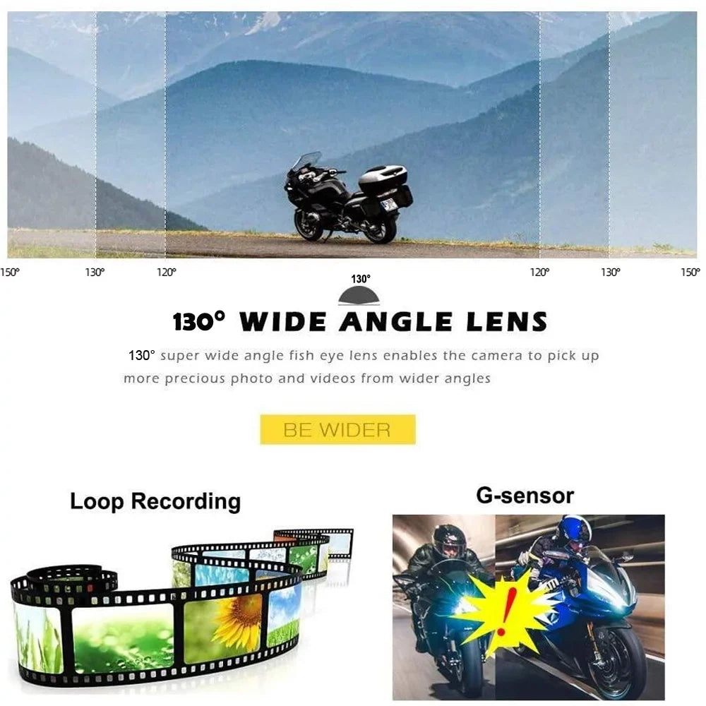 Front 1080P Channels VSYSTO 2 WiFi Cam, Motorcycle G-sensor & Angle Camera HD Recorder, Video Night Wide Dash No Driving Rear Loop 130° Vision Recording, Screen
