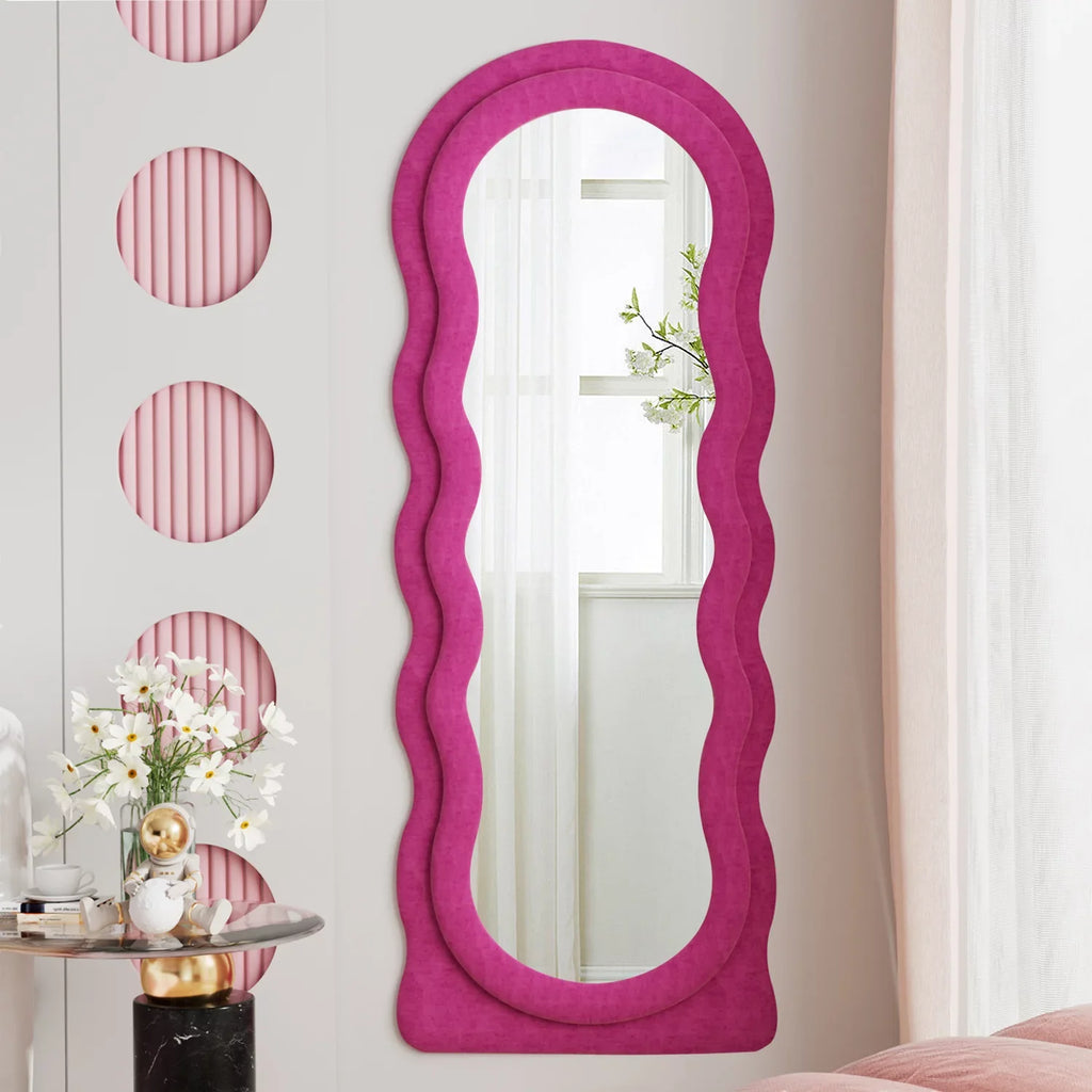 for Mounted VLUSH Length Wavy 63"x24" Wall Mirror Floor with Mirror Freestanding Mirror, Bedroom Full Stand, (Pink)