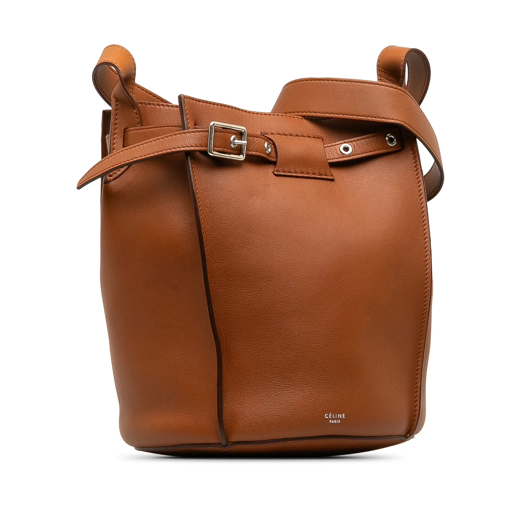 Authenticated Unisex Celine Leather Bag (Good) Calf Brown Bag Pre-Owned Bucket Bucket Big DrawstringBag