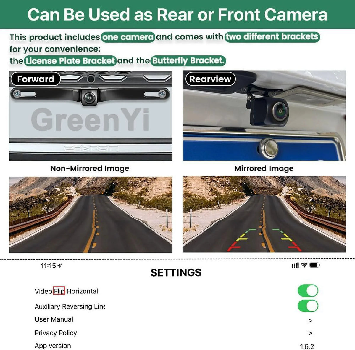 View Plate Car iPad 720P Backup Car 5G HD iPhone Camera, Reverse GreenYi for License Rear/Front Camera