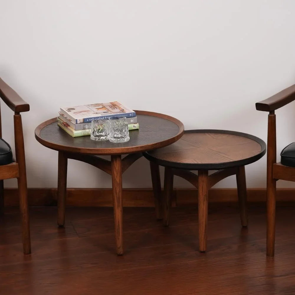 Table, Solid Coffee CONSDAN Balcony with Round Side - Feet Structure Hardwood Wood Living Table Nesting Room, Table Solid Standard Bedroom, & Oak for