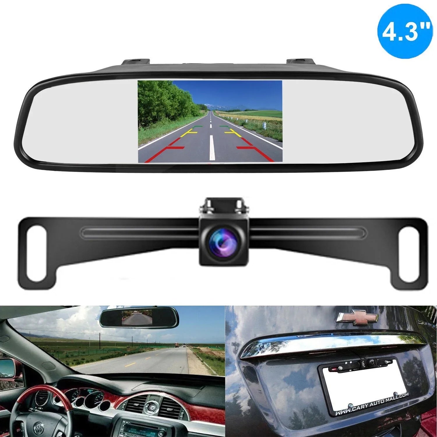 Rear Camera HD Backup Plate System Monitor Parking View 4.3inch License Car Reverse