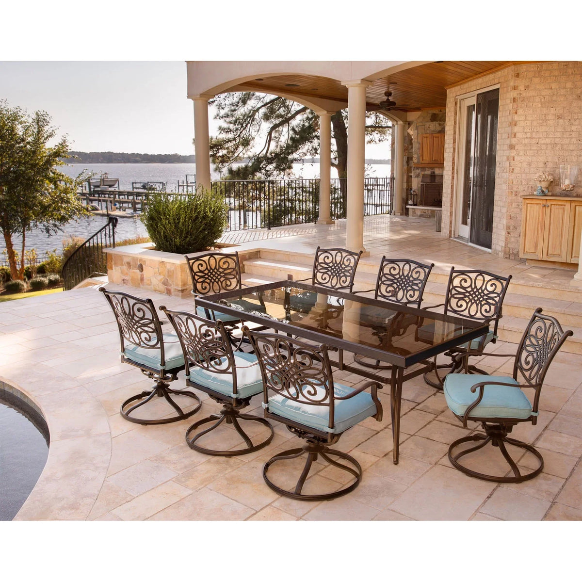 9-Piece in Blue Extra Dining Set Large with Seasons Dining Table Glass-Top Cambridge