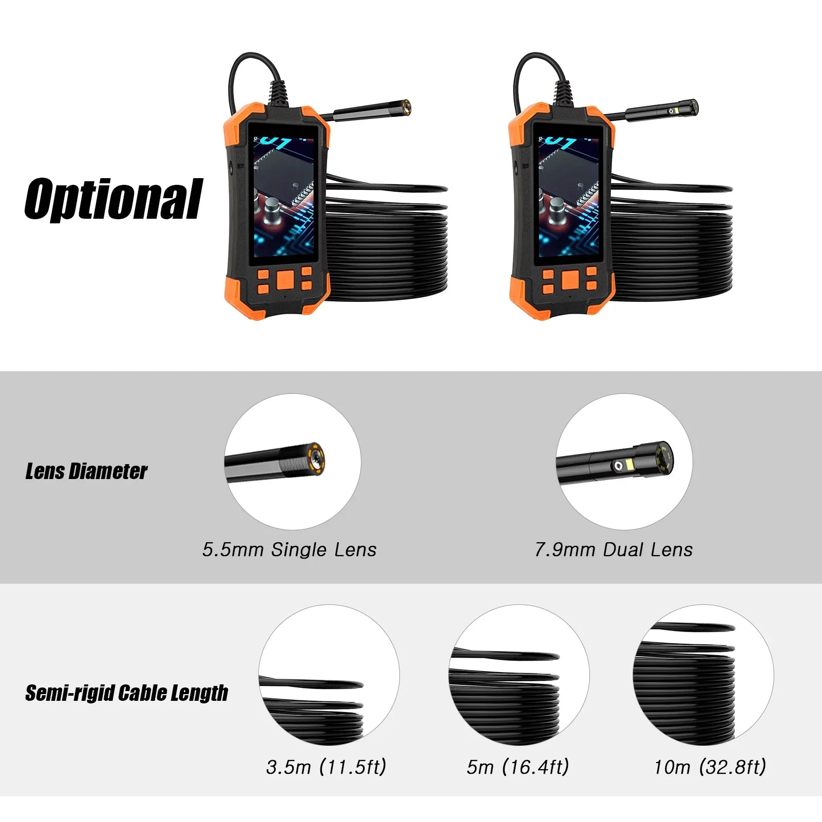Cable/ Industrial Inspecti Semi-rigid Lens Light/ Card Probe/ Dual LED Inch for with Automobile Waterproof Camera Pipeline Slot Borescope with IPS 1080P 4.3 TF IP67 Screen 7.9mm Inspection
