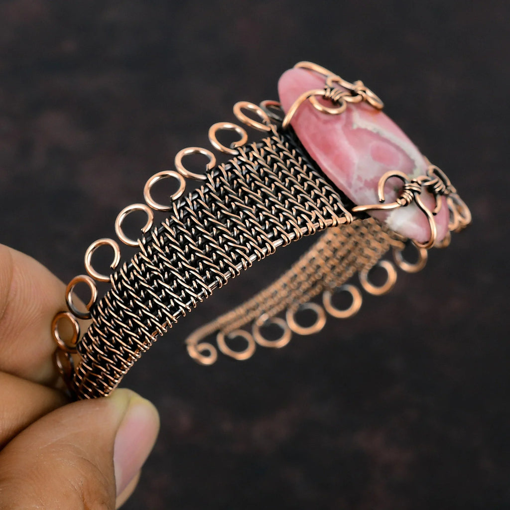 Gemstone Wrap Adjustable Wire Copper Jewelry Bracelet Cuff Rhodochrosite Bangle