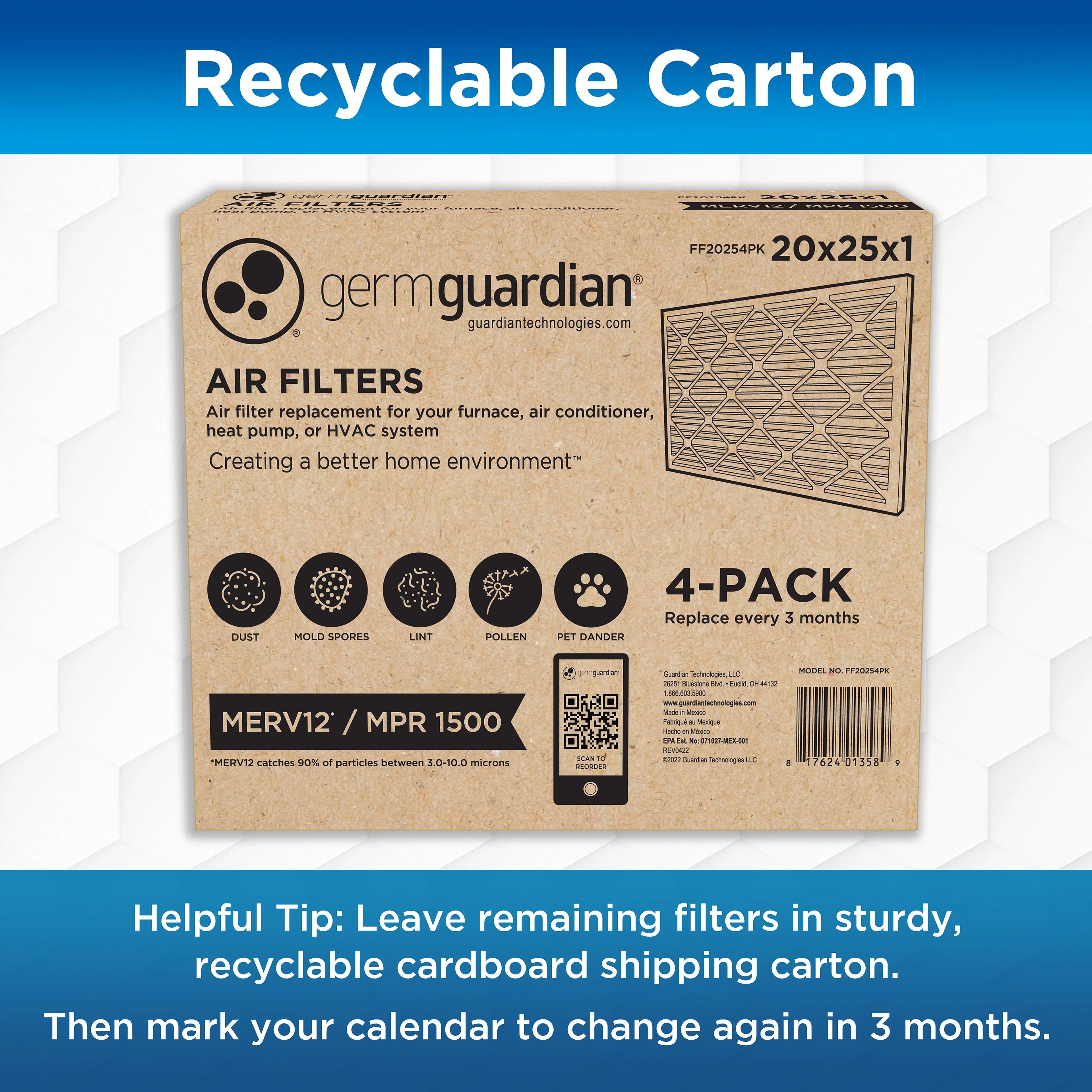 20 Pleated Air 12 Furnace 1 x Guardian (4-Pack) Filters Germ AC x MERV 25 HVAC