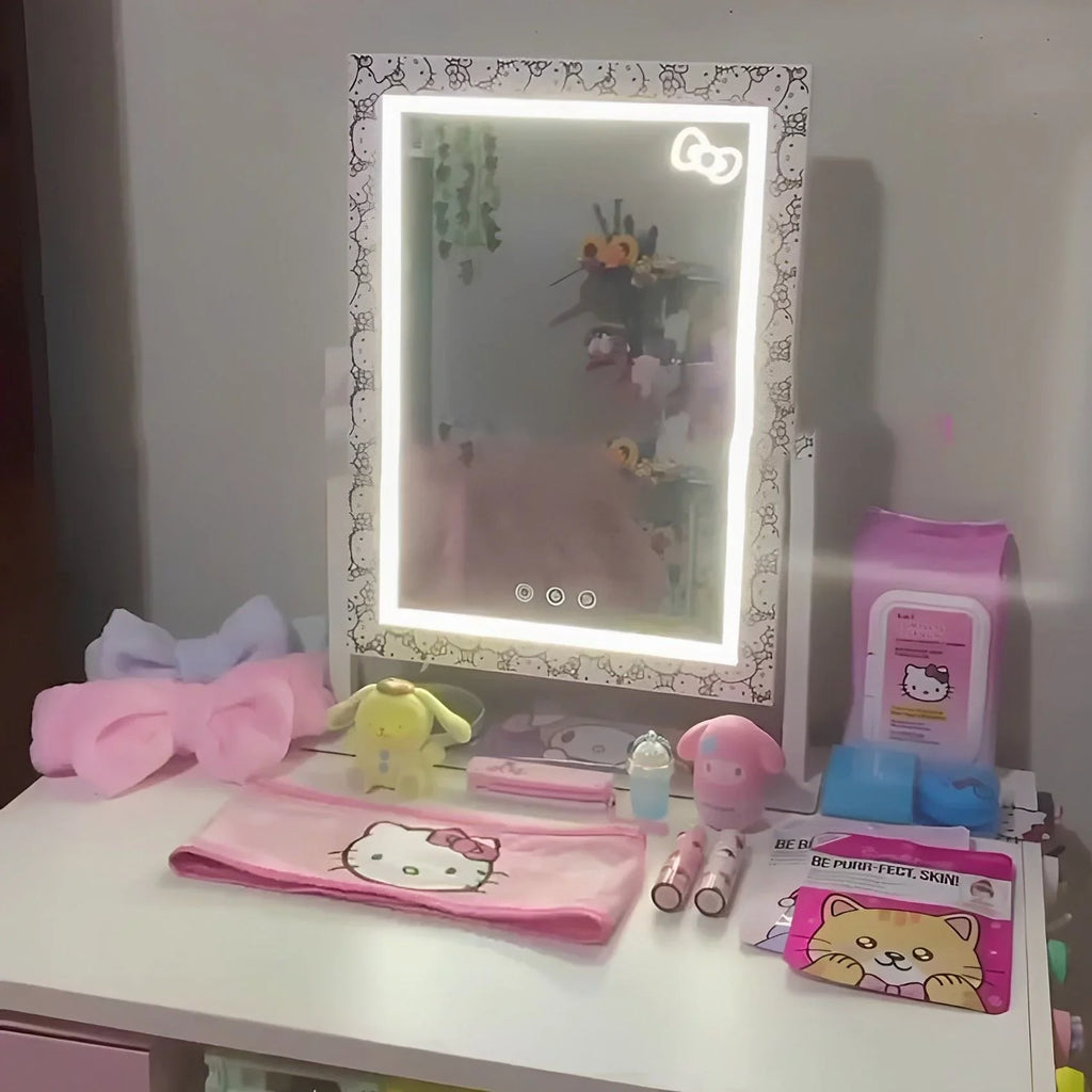 with LED 3X Mirror Iron Lights (White) grade Makeup Frame Swivel Cute Mirror Impressions Tone and Vanity Mirror, 360 Hello Tri Degree Magnification, Lighted and Touch with Vanity Kitty