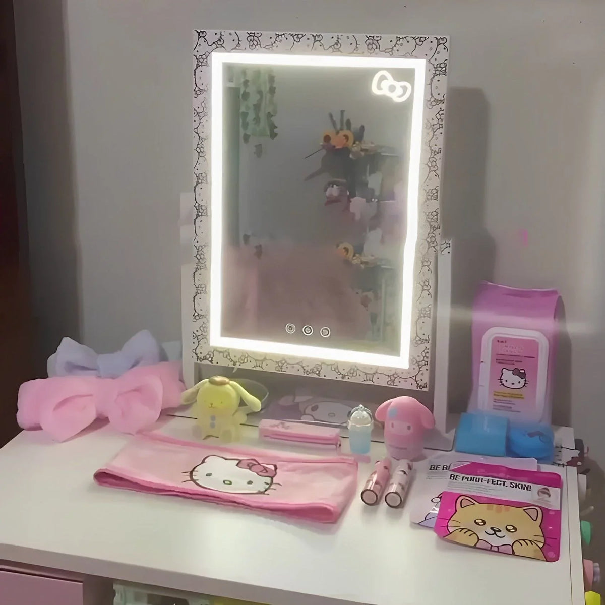 with LED 3X Mirror Iron Lights (White) grade Makeup Frame Swivel Cute Mirror Impressions Tone and Vanity Mirror, 360 Hello Tri Degree Magnification, Lighted and Touch with Vanity Kitty