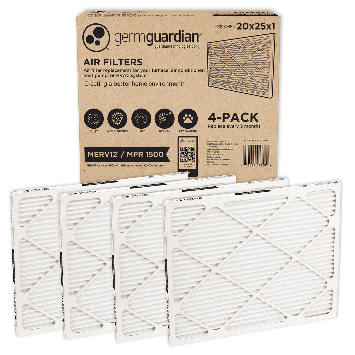 20 Pleated Air 12 Furnace 1 x Guardian (4-Pack) Filters Germ AC x MERV 25 HVAC