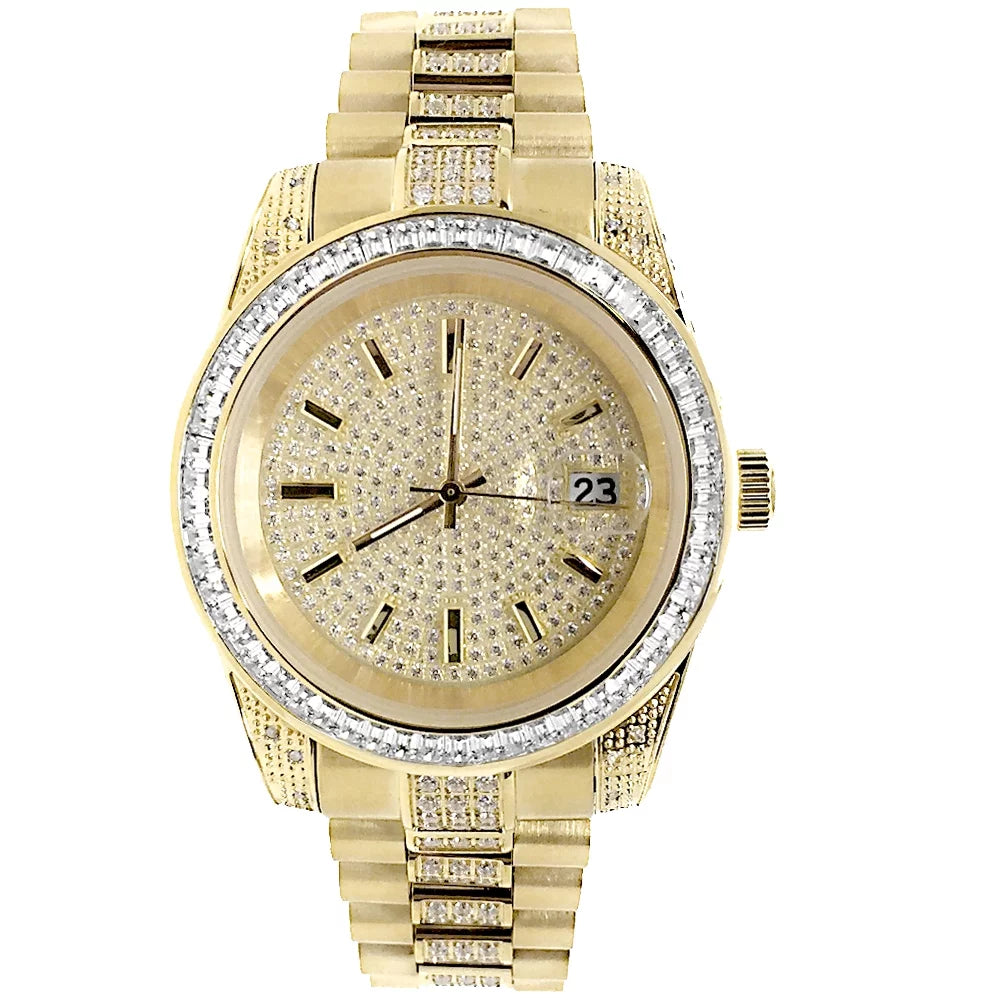 Simulated Diamond 18k Yellow Tarnish Gold Stainless 41MM Watch Free New Presidential Steel Unisex Finish