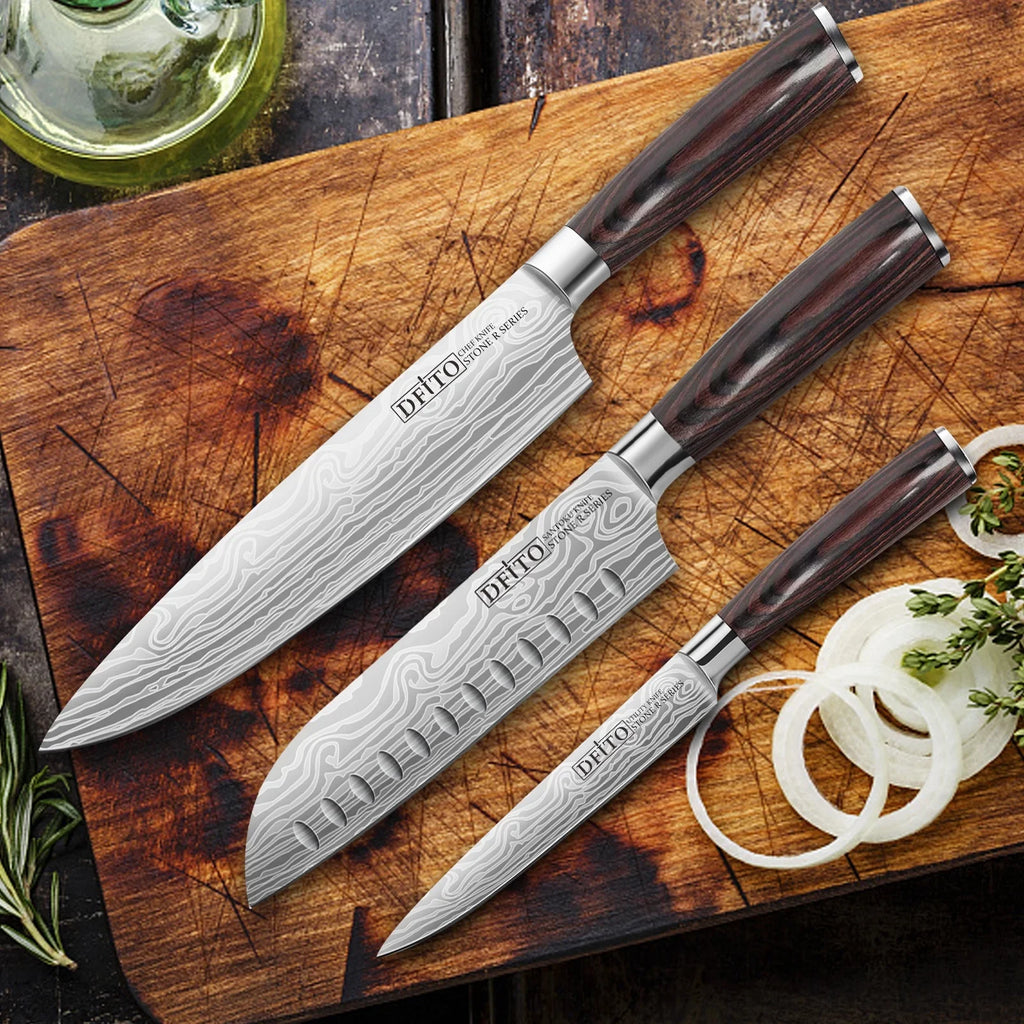 Chef Steel and Ergonomic or Restaurant Ultra for Sharp 3PCS Stainless Box Carbon Handle Knife Chefs Knives,High Home Set, Blade, Gift DFITO Kitchen Professional Knife,
