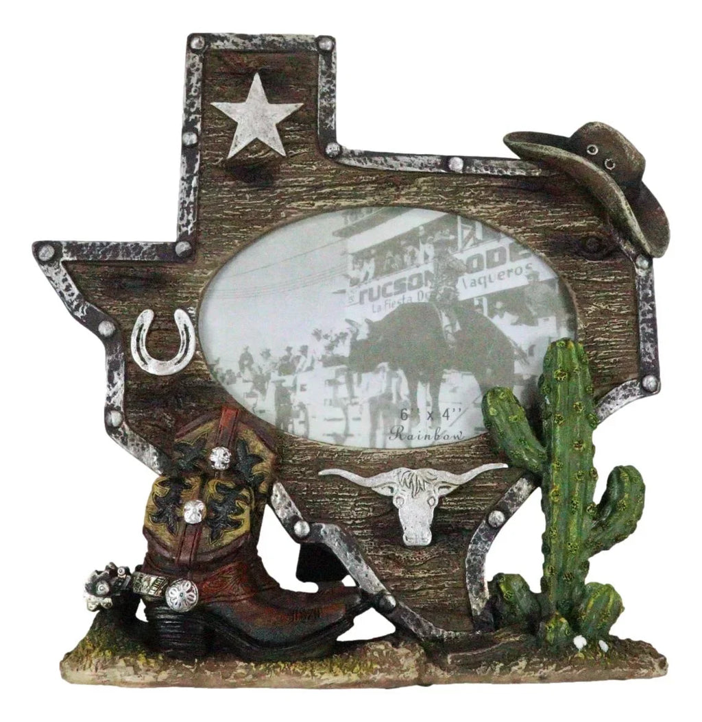 Map State Texas Rustic Cactus Picture 4"X6" Longhorn Boot Western Cowboy Frame