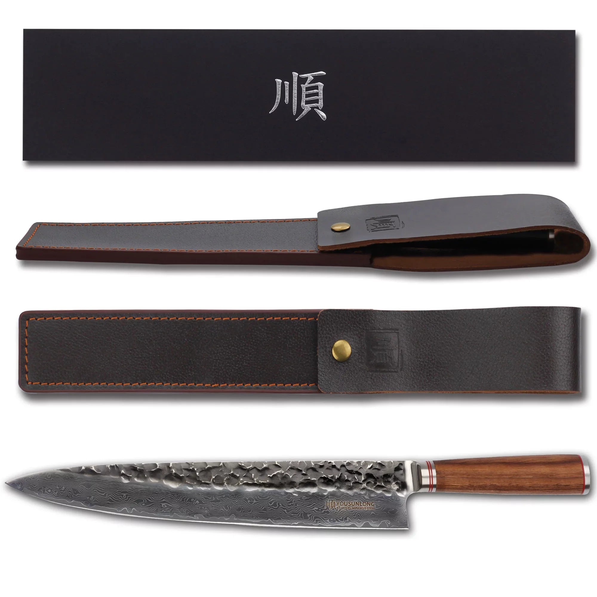 Sheath Chef Hammered Steel Pro Damascus Walnut 12 with Leather YOUSUNLONG - Handle Natural Wooden Gyuto Japanese inch Knife