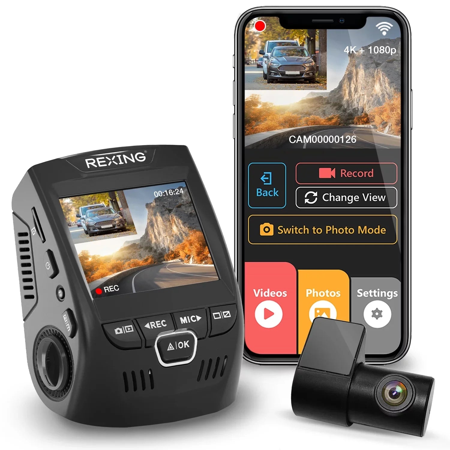 Cam with Rexing Dash Front Rear 4K and V1P Wi-Fi UHD