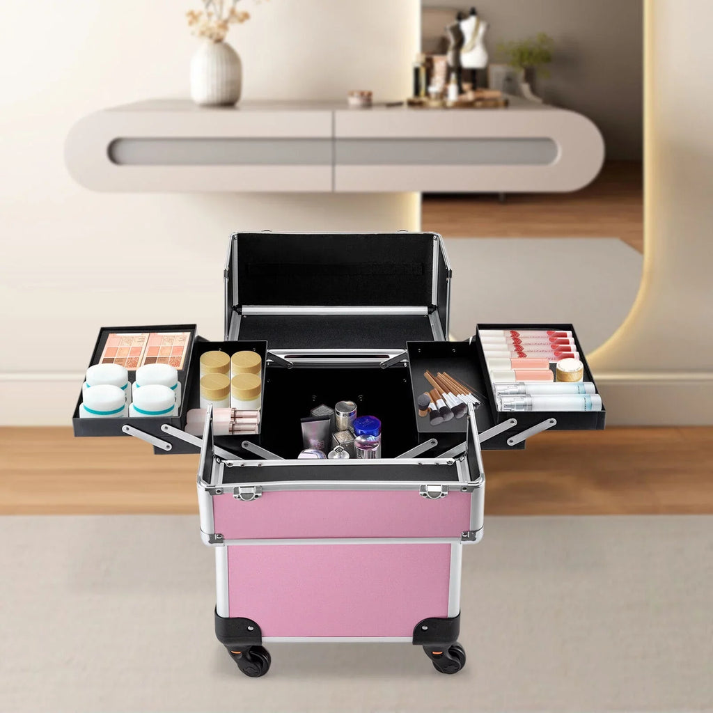 Makeup with Trolley Train 4-Tier Miumaeov Wheels Makeup Storage Cosmetic Professional Case Rolling Organizer