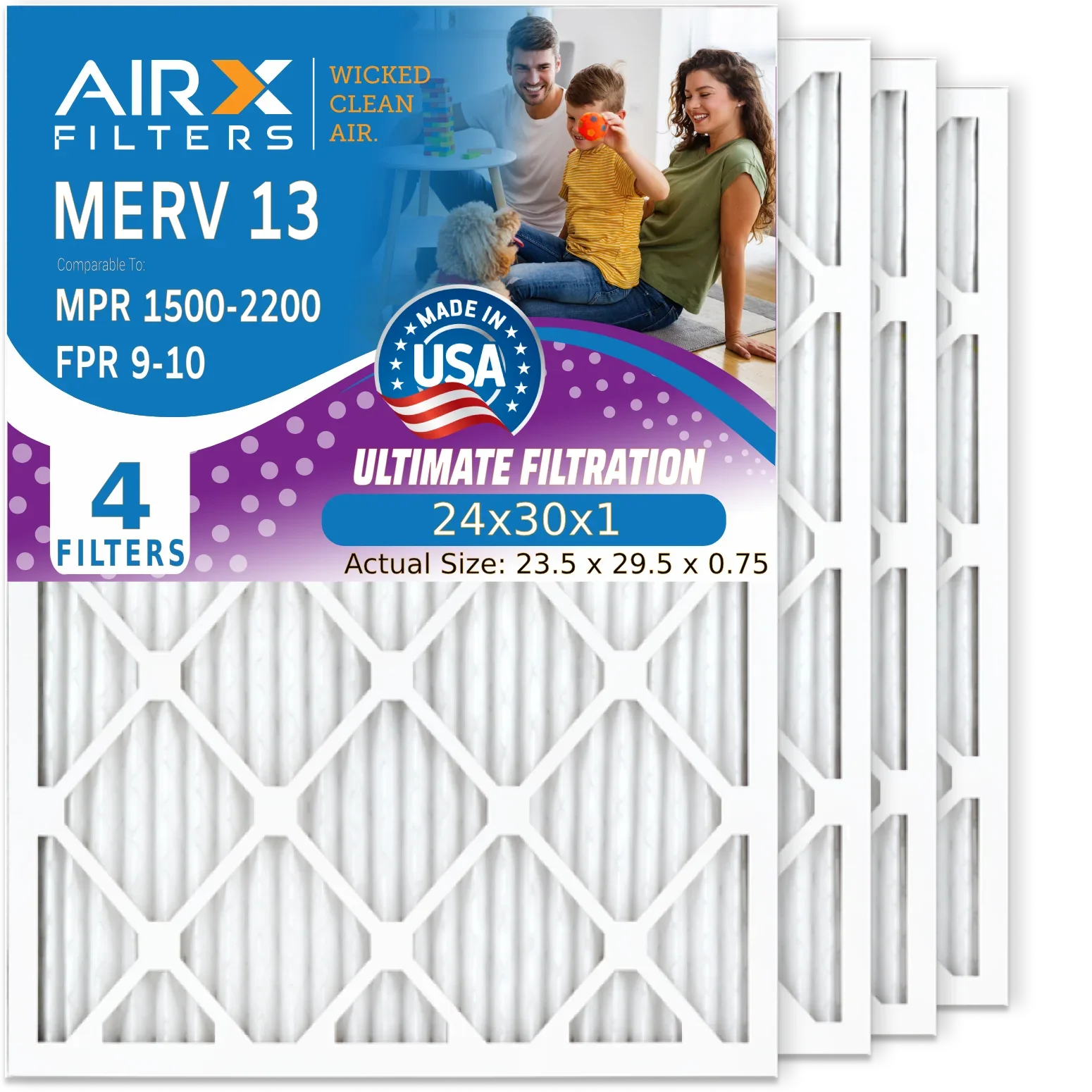 1500 Premium Air AC Pleated Filter Pack USA Conditioner 4 Filter MERV to Furnace AIR. Air WICKED 2200 9 by FILTERS HVAC Electrostatic 24x30x1 Made Filters 13 AIRX - & FPR 24x30x1 MPR Comparable CLEAN