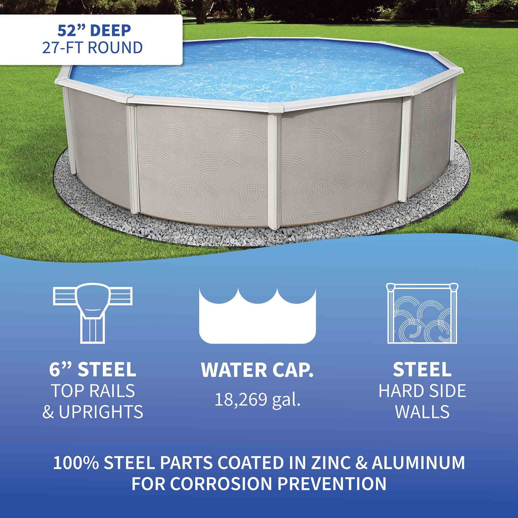 Package 52-in Wall Deep Round 27-ft Metal 6-in Top Swimming Belize Rail Pool