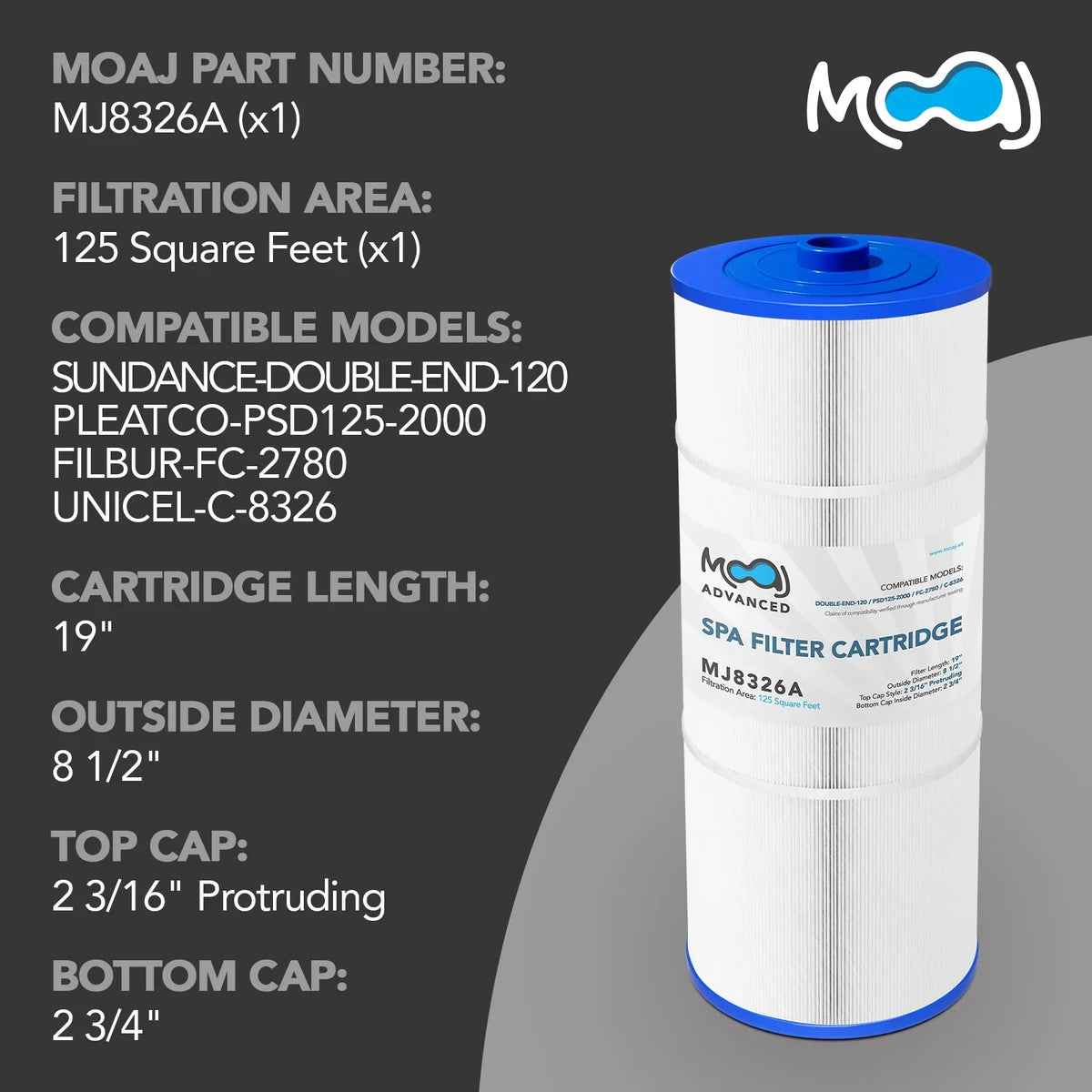 Unicel SQ Double Pool 1/2" Filter 125 19" Magnum 120, SU125, FC-2780, Reusable 6540-488, Advanced | Spas MOAJ Washable 2-PACK PSD125-2000, C-8326, Sundance | x 8 End FT XLS-831 Replaces Filbur | &
