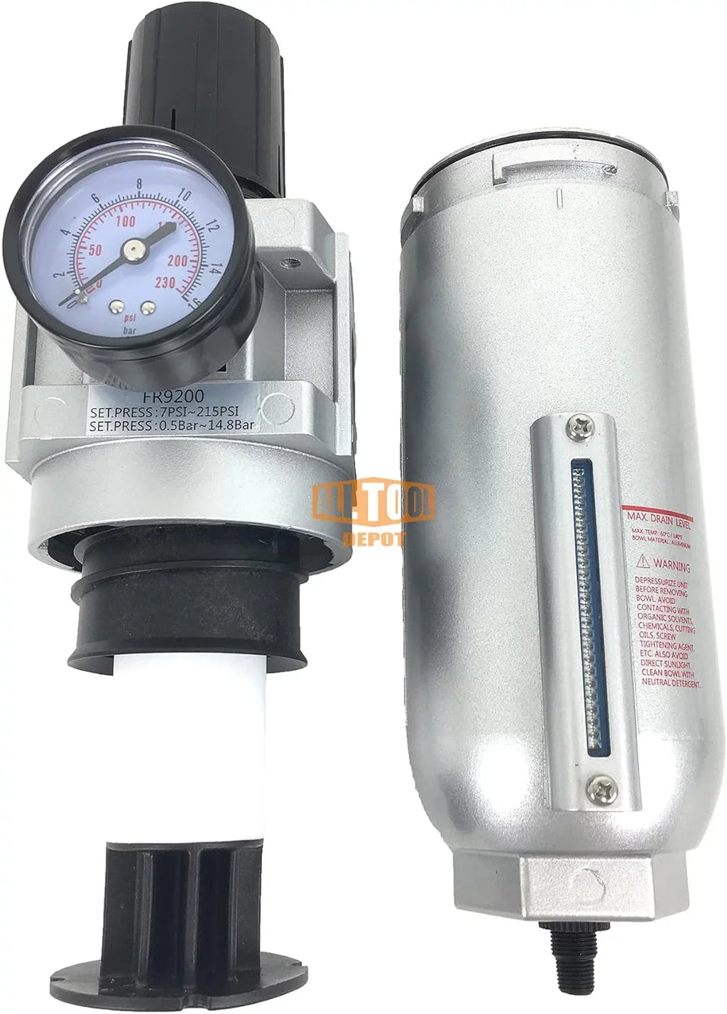 In NPT Air 7 Metal DUTY To SUPER Piggyback, Line Combo , PSI From 175 Adjustable Micron Bowl, Filter (AUTO 5 DRAIN) Regulator Compressed