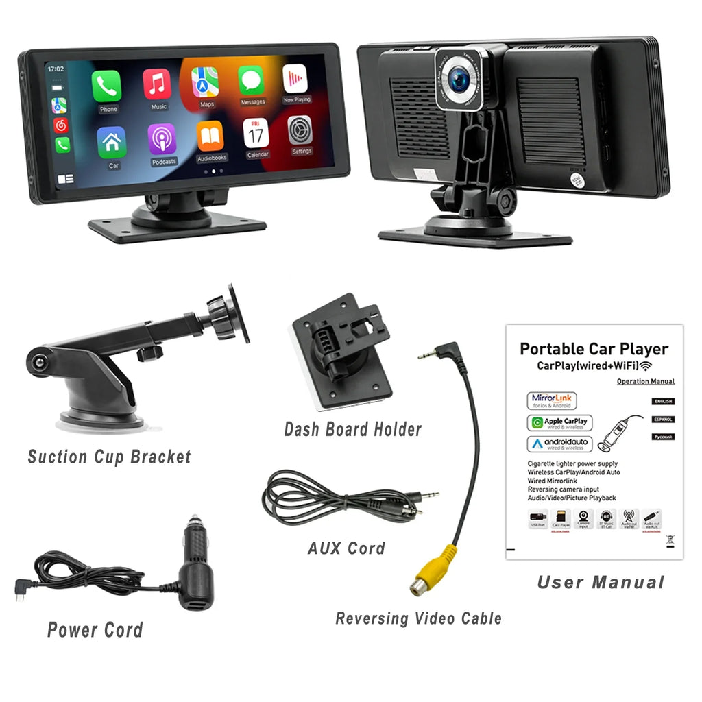 Carplay CAIHONG Detachable Screen with IPS Bluetooth, Touchscreen, Radio Camera, & Cam Auto 2.5K & Navigation, & Portable Car Mount, 10.26" HD Stereo, Wireless 1080P Backup Adjustable Android GPS Dash