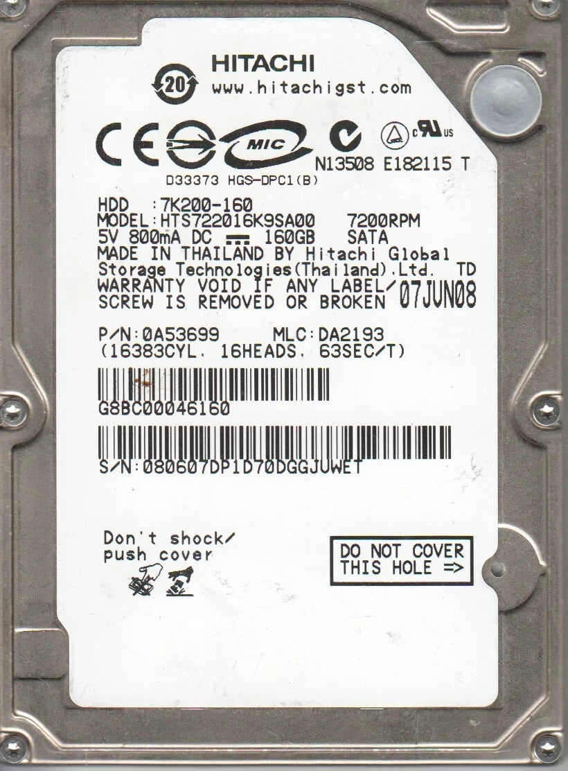 PN SATA Drive MLC Hitachi HTS722016K9SA00, 2.5 DA2193, 160GB 0A53699, Hard